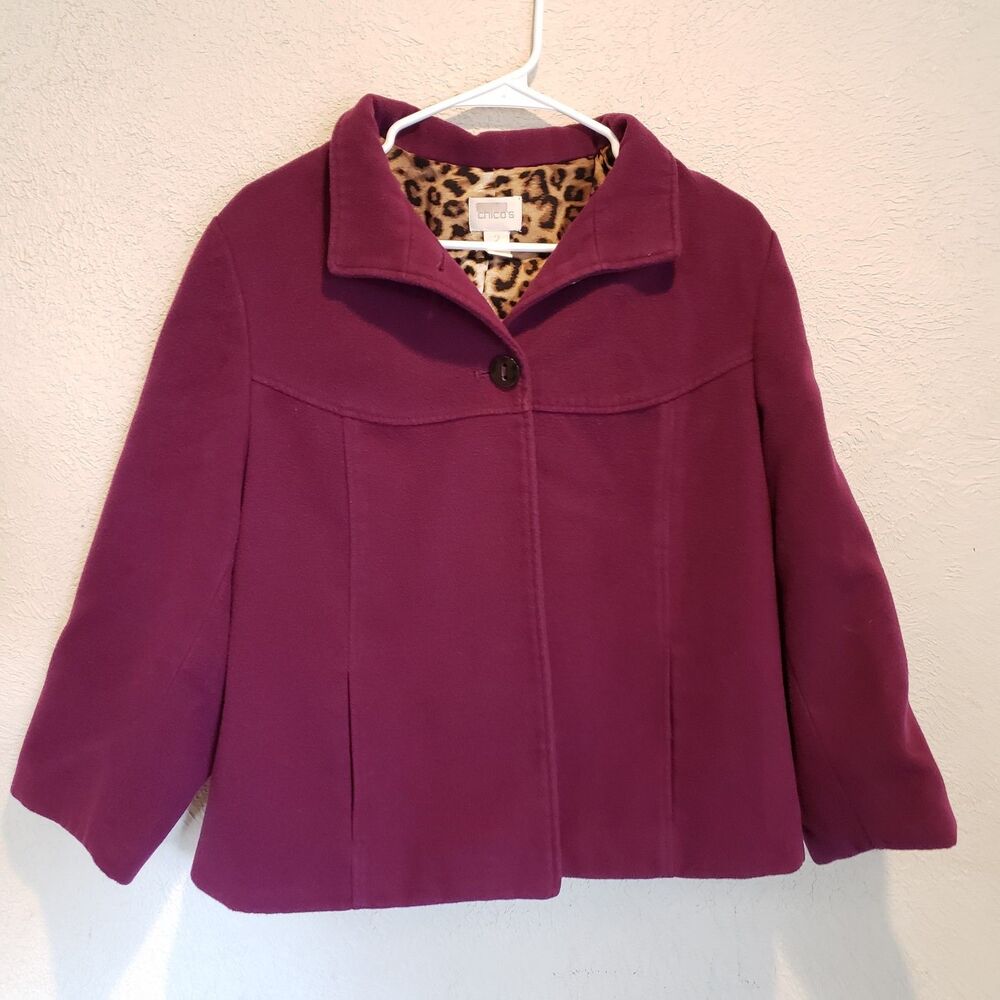 Chico's Coat Womens 2 Orchid Plum Purple Smooth Plush Swing Pea Leopard Print